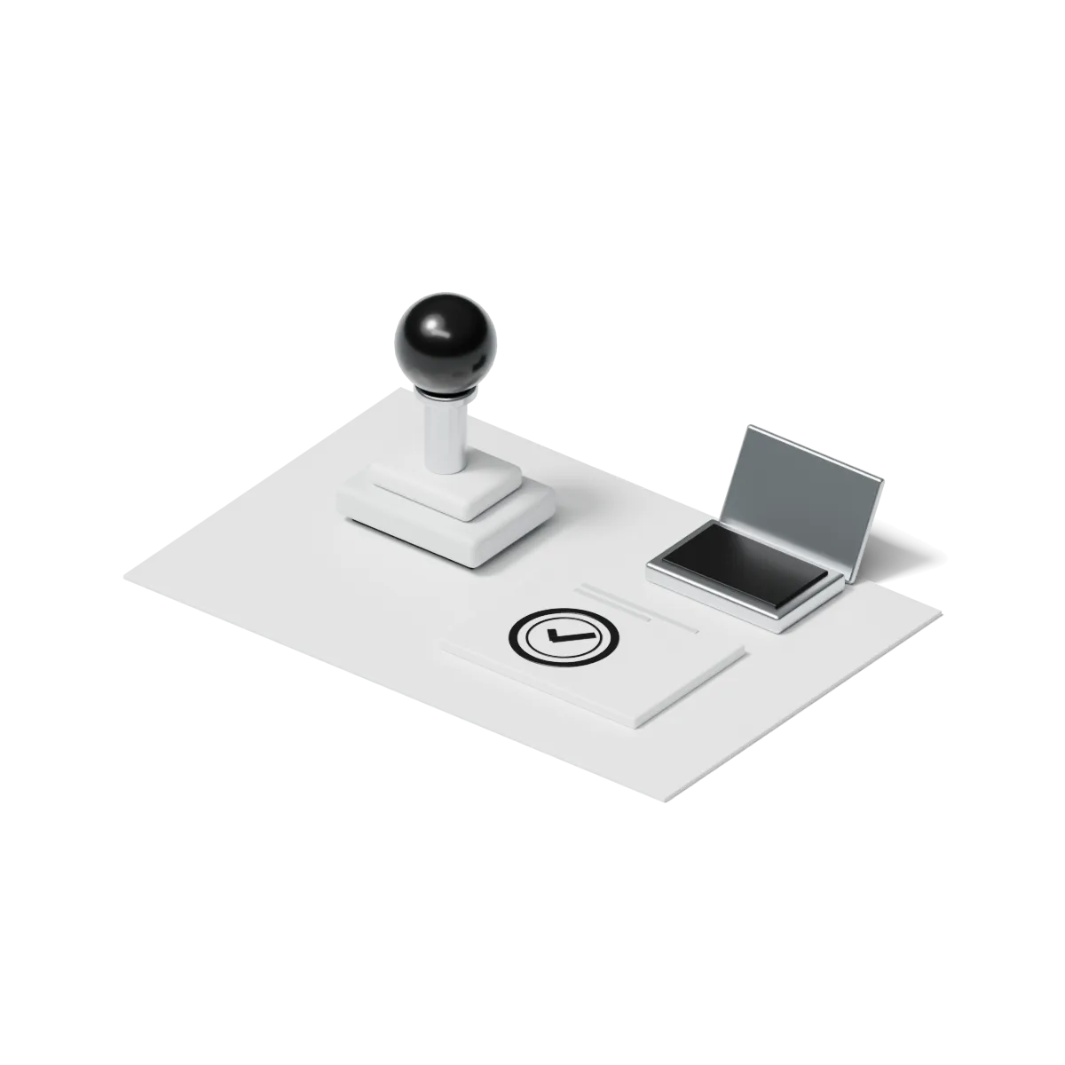 A white rubber stamp beside a paper stamped with a check mark, and an ink pad