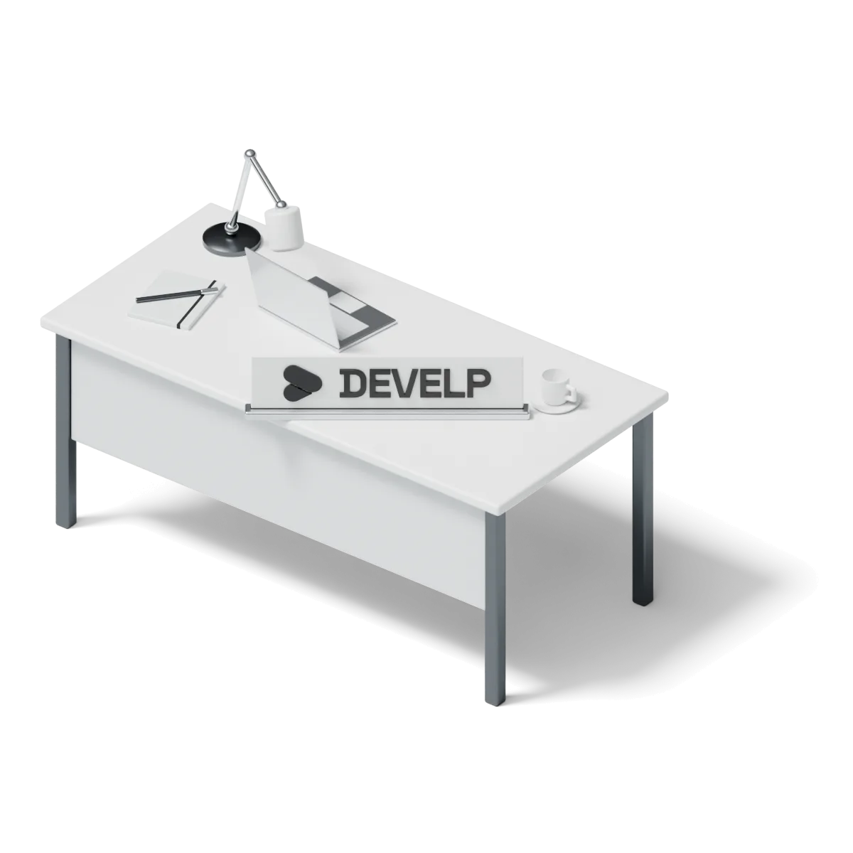 A white desk with the Develp name plate on it