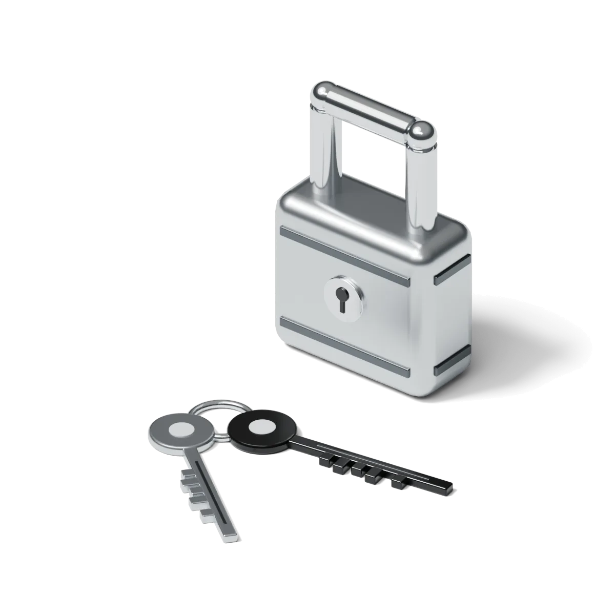 A white model of a padlock with two keys in front of it